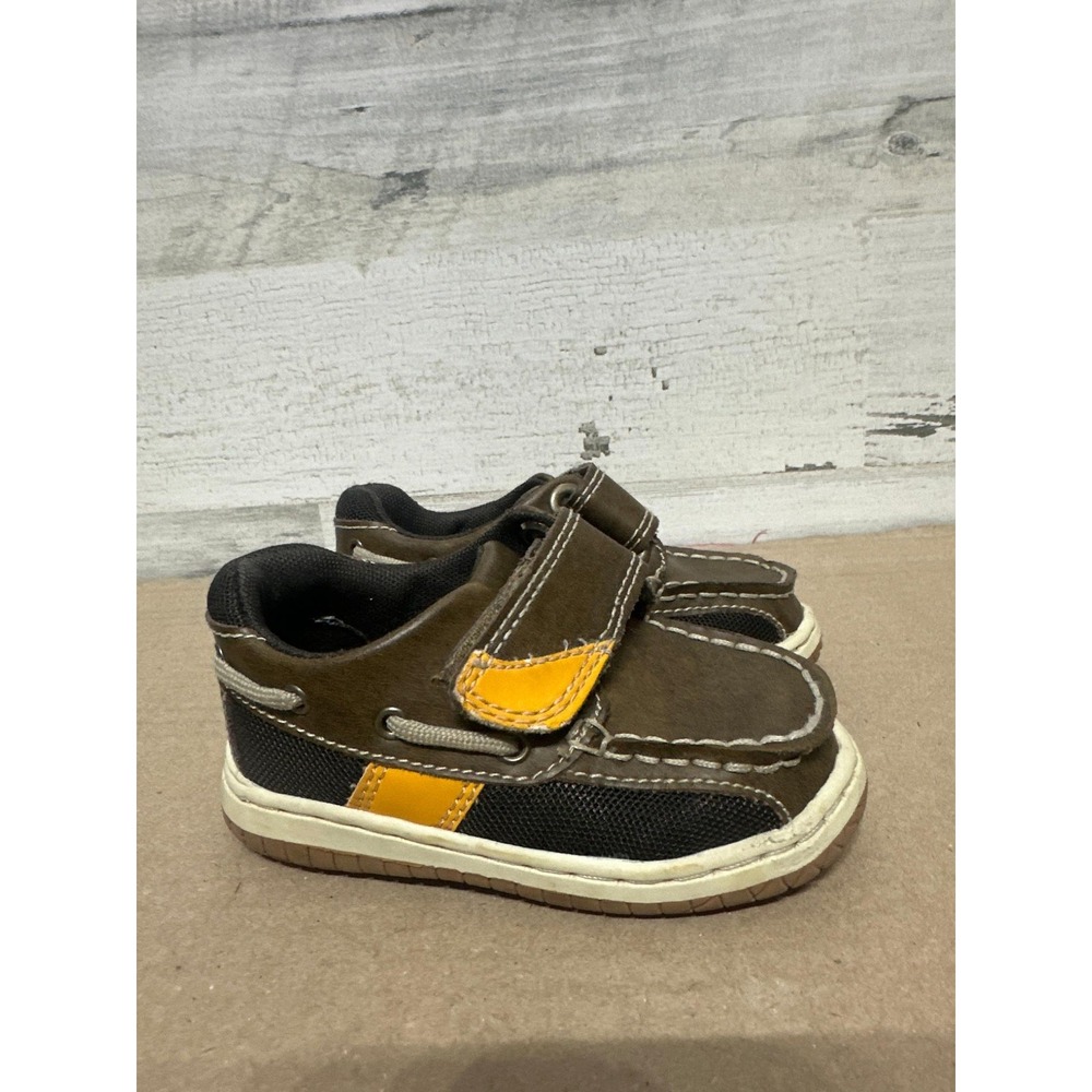 Jumping Jacks Boat Shoes Boys 5.5 WIDE Brown Yellow Velcro Preppy Sneakers